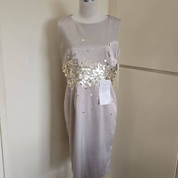 Chancelle champagne sheath dress with paillette embellishment at waist, NWT, Sz. - Picture 4 of 10